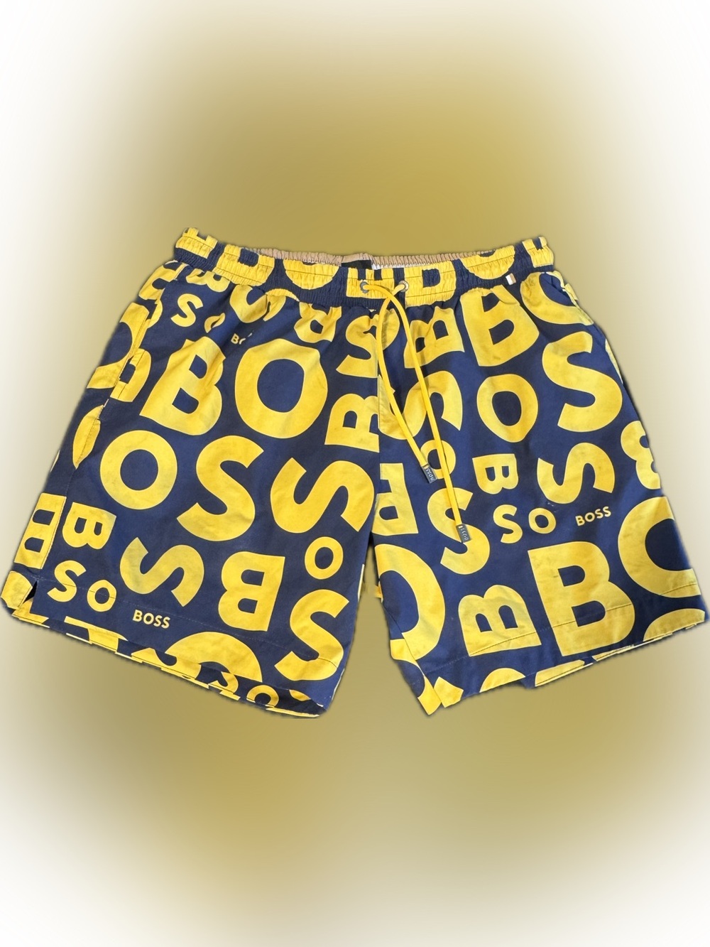 Hugo Boss BOSS Yellow Navy Designer Swim Trunks DrawstringSize L - Picture 2 of 4